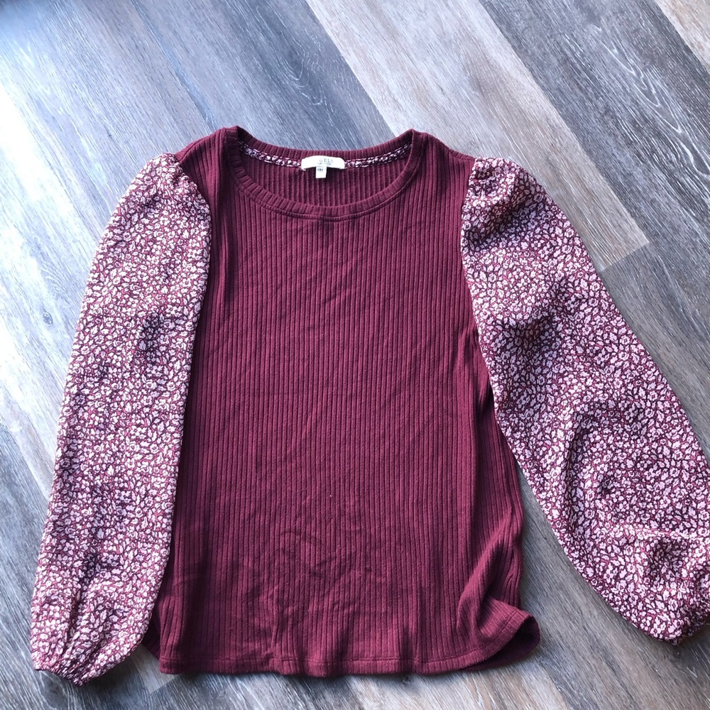 Women's Burgundy Long Sleeve Top with Puffed Patterned Sleeves